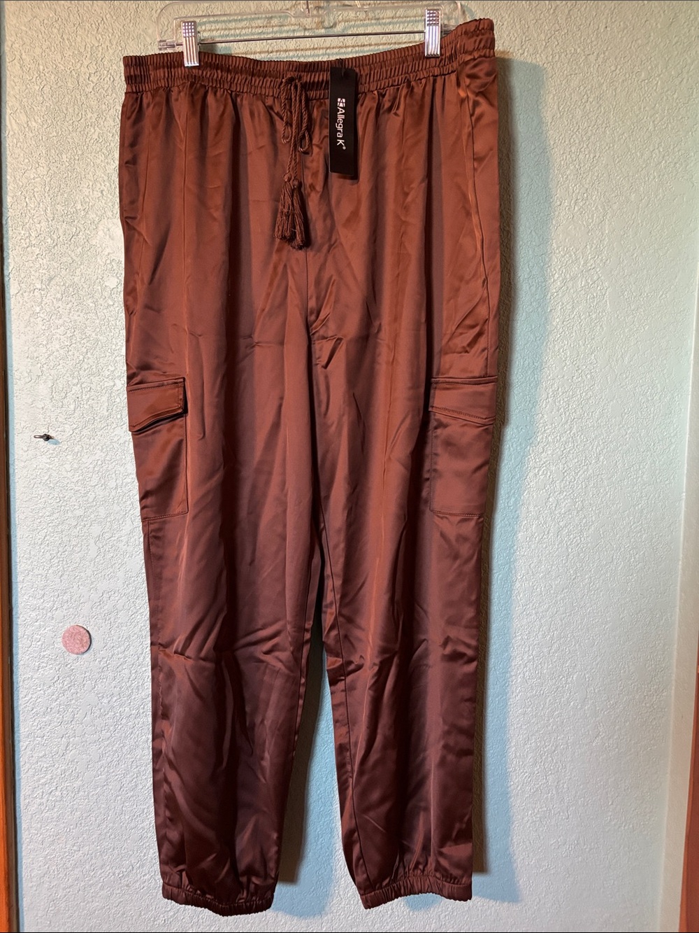Allegra K Women’s Satin Cargo Joggers in Chocolate Brown Size 1X NWT